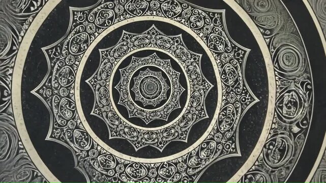 Intricate black and white geometric mandala pattern with repeating concentric circles