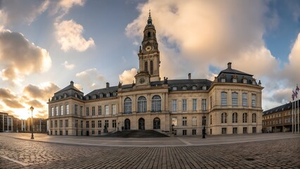 Obraz premium Wide-Angle View of a Grand Historic Government Building at Sunset – Elegant Architecture Landmark
