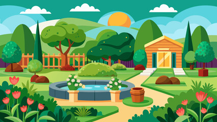 Fototapeta premium Vector art of beautifully manicured garden with a central fountain, a charming wooden house, and lush greenery under a sunny sky, perfect for outdoor leisure and relaxation