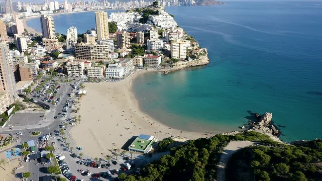Aerial view of the Cala Finestrat shore buildings, in Benidorm over the border of Mediterranean Sea, Alicante, Spain.