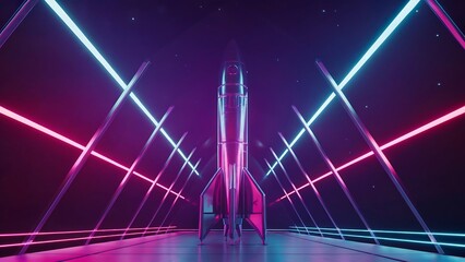A futuristic rocket spaceship in a neon laser tunnel, representing the future of space exploration and technology