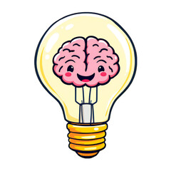 Cute cartoon brain character inside a glowing lightbulb, symbolizing a bright idea, creativity, and intelligence, isolated on transparent background