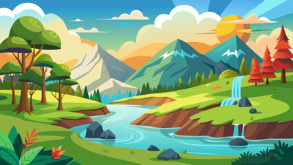 Fototapeta premium Vector art of vibrant natural landscape featuring lush green hills, a winding river, and majestic mountains under a colorful sunset sky, perfect for nature themes