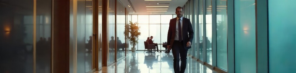 Fototapeta premium Confident Executive Striding Through Modern Office, Success and Elegance
