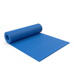 Blue rolled yoga and exercise mat on transparent background