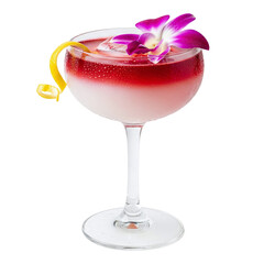 Elegant Layered Cocktail with Orchid and Lemon Peel Garnish