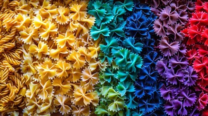 Colorful Italian pasta arranged in vibrant patterns showcasing a variety of shapes and hues