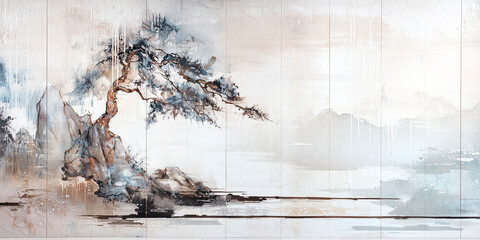 Traditional eastern art. Ink painting. Zen. ancient scroll. Fantasy landscape panorama. Background wallpaper, poster, invitation, flyer, banner, email, header, social media post. Generative Ai content