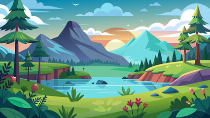 Vector art of majestic mountain range with a serene river cutting through a lush green valley during a colorful sunset, picturesque nature scene