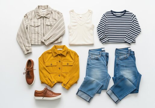 Women's casual fall fashion flat lay with jackets, jeans, and sneakers on white background