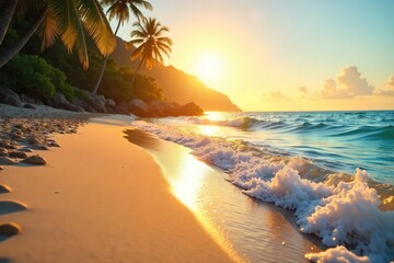 Golden Hour Beach Scene Serene Waves, Vibrant Sunset, Perfect Summer Vacation Escape