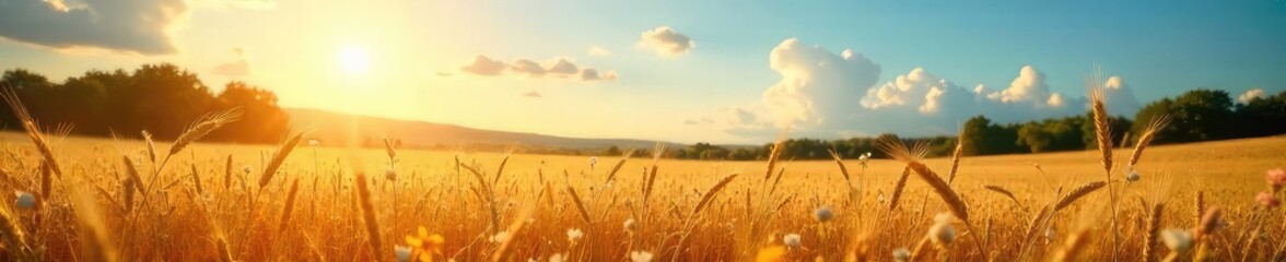 Obraz premium Golden Sunlight Bathes Summer Wheat Fields and Wildflowers, creating a vibrant landscape perfect for harvest, luxury, and summer themes.