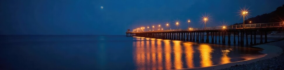 Obraz premium Luminous Pier Lights Illuminate Tranquil Night Sea Stunning Coastal Scene