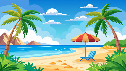 Vector art of tropical beach scene with palm trees, a striped umbrella, and a lounge chair under a bright blue sky with fluffy clouds, perfect for a summer vacation getaway
