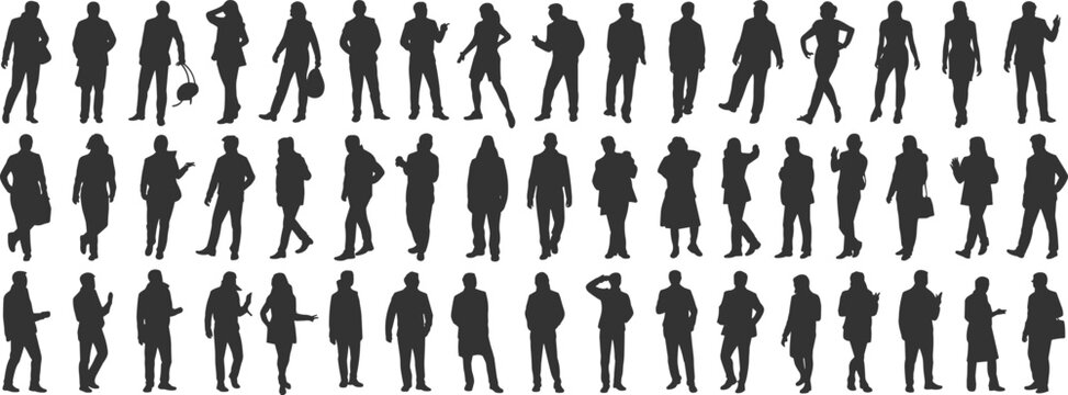 Silhouettes of business people walking and standing, professional man and woman vector set, office and corporate figures