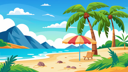 Fototapeta premium Vector art of breathtaking tropical beach with majestic mountains in the background, palm trees, umbrella, and chair, inviting a peaceful summer escape by the sea
