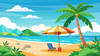 Fototapeta premium Vector art of idyllic tropical beach with a leaning palm tree, a colorful umbrella, and a beach chair on golden sand, overlooking the turquoise ocean under a bright summer sky