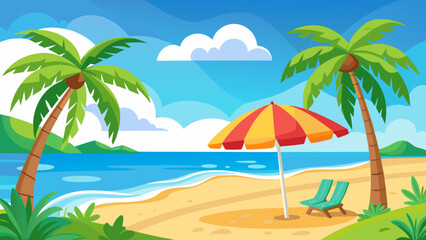 Vector art of idyllic tropical beach with two palm trees, a colorful umbrella, and lounge chairs facing the calm ocean under a bright blue sky