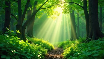 Fototapeta premium Sun-Dappled Forest Bathing Tranquil Scene of Peace and Serenity in Lush Green Canopy, Ideal for Wellness, Spa, and Relaxation