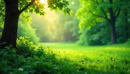 Obraz premium Sunlit Lush Green Landscape Tranquil Nature Scene for Relaxation and Wellbeing