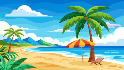 Fototapeta premium Vector art of a beautiful tropical beach scene with palm trees, a colorful umbrella, and a lounge chair under a bright blue sky with fluffy clouds, inviting relaxation and summer vacation vibes