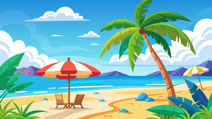 Obraz premium Vector art of colorful cartoon depiction of a tropical beach with two palm trees, a large umbrella with chairs, and a smaller umbrella in the distance, overlooking the ocean and mountains