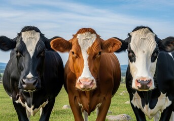 Three funny cows looking at the camera in a green field on a farm
