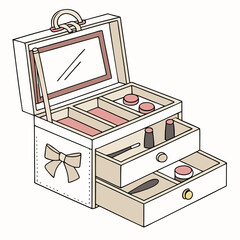 Open makeup box with cosmetic items and mirror cosmetics