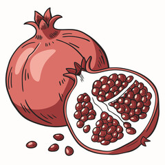Whole and halved pomegranate with seeds fruit