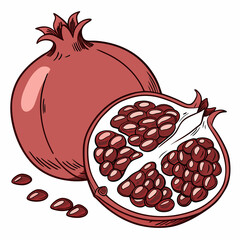Whole and halved pomegranate with seeds fruit