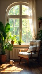 Fototapeta premium Sunlit Cozy Room Plants, Armchair, Tea, Relaxation and Calm. Peaceful home interior scene promoting serenity and tranquility. Perfect for well-being, mindfulness, and relaxation imagery.