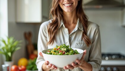 Naklejka premium Smiling woman holding healthy vegetable salad in modern kitchen, promoting healthy lifestyle, copy space