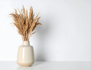 Naklejka premium Dried wheat stalks arranged in a beige ceramic vase, set against a clean white background, casting a soft shadow.