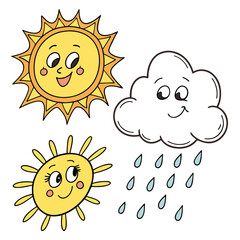 Smiling suns and rain cloud weather cartoon