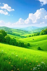 Fototapeta premium Serene rolling hills of lush green pastureland, dotted with wildflowers under a bright blue sky Perfect for nature, agriculture, or pastoral themed projects , horizon, serenity, open space