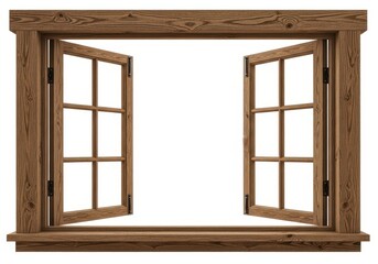 Classic open brown wooden window isolated on white background