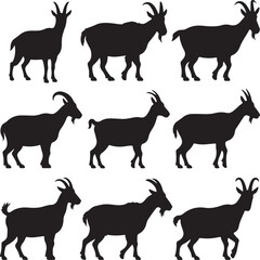 Nine black silhouette goats in various poses on white background animal farm