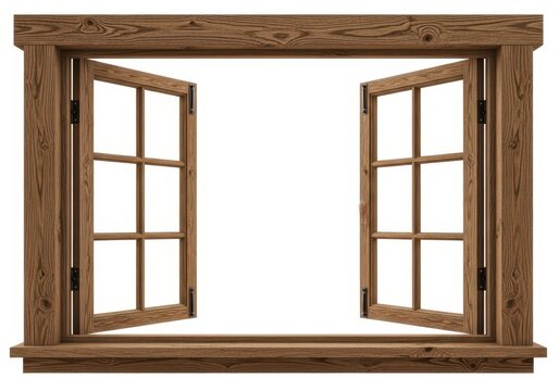 Classic open brown wooden window isolated on white background