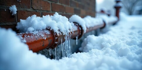 Frozen pipes bursting under a layer of snow and ice during a harsh winter storm Plumbing damage, frozen water, winter woes, home repair , ice damage, winter storm