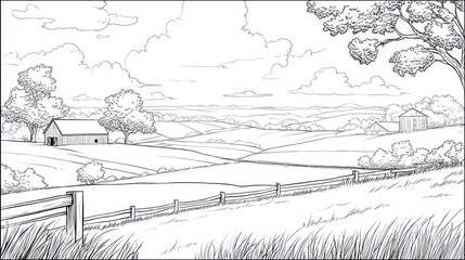 Fototapeta premium Black and white countryside landscape drawing