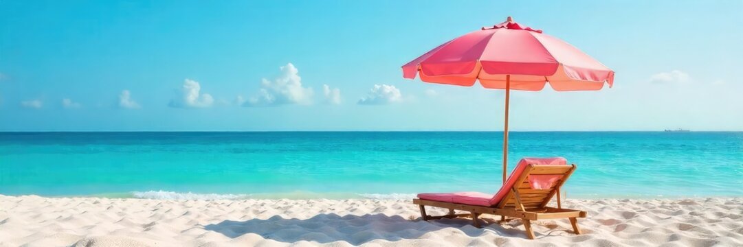 Relaxing beach scene with a vibrant umbrella providing shade over a comfortable beach chair, perfect for a sunny day at the seaside , bright, resort, water