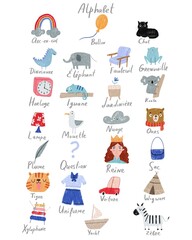 Cute hand-drawn French alphabet poster with animals and objects. Educational kids illustration for nursery and classroom decor.
