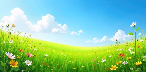 Obraz premium Vibrant green meadow bursting with wildflowers and lush grasses under a clear blue sky Perfect for nature, spring, and environmental themes , outdoor, landscape, pastoral