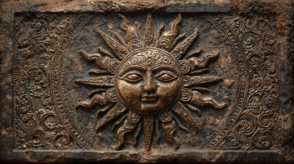 The sun is at the center of an ancient bronze bas-relief on dark brown metal, with intricate details.