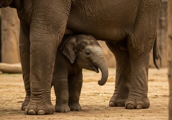Close-up of a mother elephant and her calf in a zoo enclosure. Generative Ai