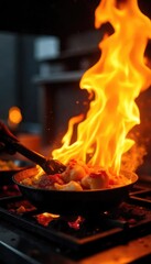 A dramatic close-up shot of a roaring restaurant kitchen fire, flames licking at the cooking equipment The scene is chaotic, suggesting a sudden and intense blaze , equipment, inferno