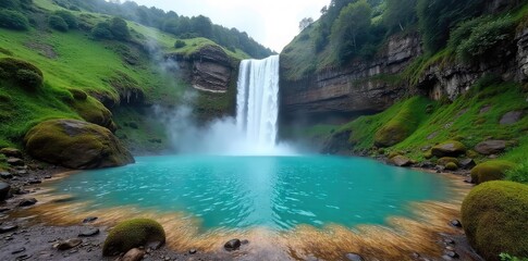 Naklejka premium Serene geothermal waterfall cascading into a steaming hot spring pool, surrounded by lush green vegetation and mist , rocks, cliffs