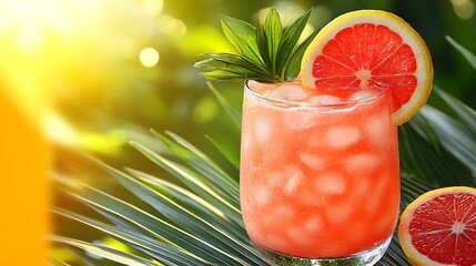 Refreshing grapefruit cocktail garnished with tropical leaves.