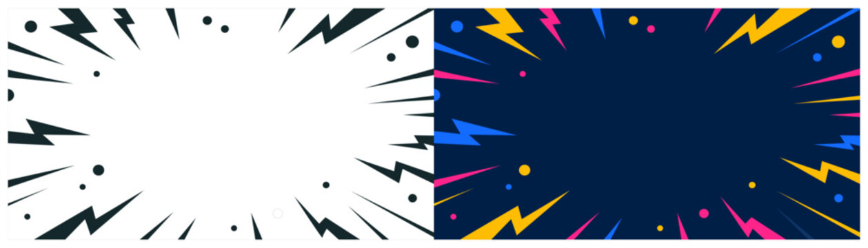 Colorful background with cartoon lightning vectors. Comic or manga design template for posters. Explosive illustration design.