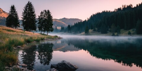 Peaceful alpine lake at sunrise with floral meadow, misty pine slopes, and orange sky reflection ultra-detailed